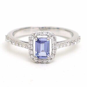 Azure Promise Blue Tanzanite 18K White Gold Diamond Halo Ring